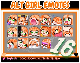 16 GIRL EMOTES! (Orange) -Pack für Twitch, Abonnenten, Discord, Cool Emote, Twitch Art für Streamer, grüne Augen, Chibi, Goth, Emote Pack