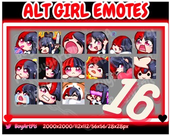 16 GIRL EMOTES! (rot / schwarz) -Pack für Twitch, Abonnenten, Discord, Cool Emote, Twitch Art für Streamer, Split Dye, Chibi, Goth
