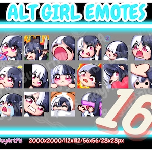 16 ALT GIRL EMOTES! (white/black) -Pack For Twitch, Subscriber, Discord, Cool Emote, Twitch Art For Streamers, split dye hair, chibi, Goth