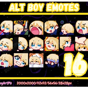 16 BOY EMOTES! (blond) -Pack für Twitch, Abonnenten, Discord, Cool Emote, Twitch Art für Streamer, natürlich, männlich, Chibi, Goth Kerl, blau