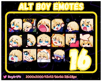 16 BOY EMOTES! (blond) -Pack für Twitch, Abonnenten, Discord, Cool Emote, Twitch Art für Streamer, natürlich, männlich, Chibi, Goth Kerl, blau