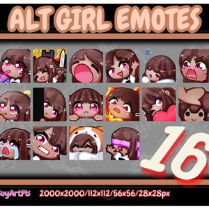 May include: A collection of 16 digital Alt Girl emotes featuring a cartoon girl with brown hair and pink accents. The emotes display various expressions and actions, set against a gray background with a brown border. The text "ALT GIRL EMOTES" is at the top.