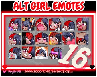 16 GIRL EMOTES! (rot / schwarz) skin 2 -Pack für Twitch, Abonnenten, Discord, Cool Emote, Twitch Art für Streamer, Split Dye, Chibi, Goth