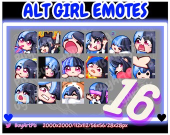 16 GIRL EMOTES! (blau / schwarz) -Pack für Twitch, Abonnenten, Discord, Cool Emote, Twitch Art für Streamer, Split Dye, Chibi, Goth