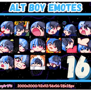 16 種類の Alt BOY EMOTES! (青/黒) - Twitch、サブスクライバー、Discord、クールなエモート、ストリーマー向け Twitch アート、スプリット ダイ、チビ、ゴス用パック