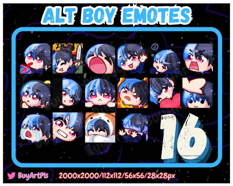 16 Alt BOY EMOTES! (blue/black) -pack for Twitch, Subscriber, Discord ...