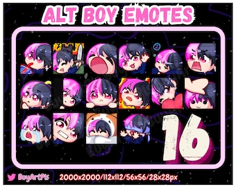 16 BOY EMOTES! (pink / schwarz) -Pack für Twitch, Abonnenten, Discord, Cool Emote, Twitch Art für Streamer, Split Dye, Chibi, Goth
