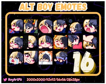 16 BOY EMOTES! (blond / schwarz) -Pack für Twitch, Abonnenten, Discord, Cool Emote, Twitch Art für Streamer, Split Dye, Chibi, Goth