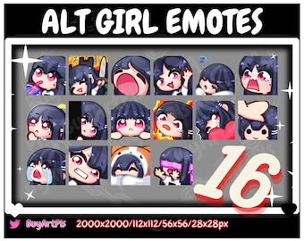 16 GIRL EMOTES! (schwarz) -Pack für Twitch, Abonnenten, Discord, Cool Emote, Twitch Art für Streamer, Rote Augen, Rosa Augen, Chibi, Goth