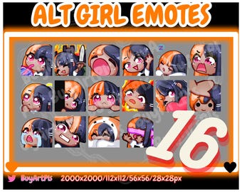 16 GIRL EMOTES! (orange/schwarz) skin 2-Pack Für Twitch, Abonnenten, Discord, Cool Emote, Twitch Art für Streamer, Split Dye, Chibi, Goth