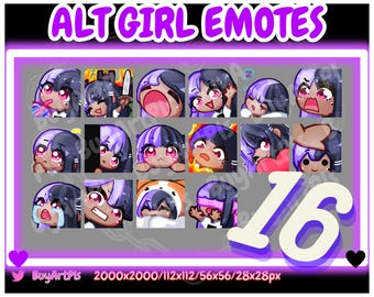 16 GIRL EMOTES! (lila/schwarz) skin 2 - Twitch Pack, Abonniert, Discord, Cooles Emote, Twitch Art für Streamer, Split Dye, Chibi, Goth