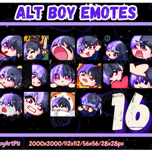 16 BOY EMOTES! (lila / schwarz) -Pack für Twitch, Abonnenten, Discord, Cool Emote, Twitch Art für Streamer, Split Dye, Chibi, Goth