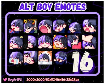 16 BOY EMOTES! (lila / schwarz) -Pack für Twitch, Abonnenten, Discord, Cool Emote, Twitch Art für Streamer, Split Dye, Chibi, Goth