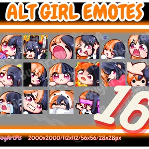 May include: A set of 16 animated emoticons featuring a cartoon girl with black and orange hair. The emoticons are in various poses and expressions, including smiling, crying, and surprised. The text "ALT GIRL EMOTES" is at the top of the image.