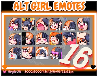 16 GIRL EMOTES! (orange / schwarz) -Pack für Twitch, Abonnenten, Discord, Cool Emote, Twitch Art für Streamer, Split Dye, Chibi, Goth