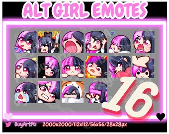 16 GIRL EMOTES! (pink / schwarz) -Pack für Twitch, Abonnenten, Discord, Cool Emote, Twitch Art für Streamer, Split Dye, Chibi, Goth