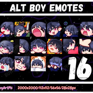 16 BOY EMOTES! (schwarz) -Pack für Twitch, Abonnenten, Discord, Cool Emote, Twitch Art für Streamer, natürlich, männlich, Chibi, Goth Kerl