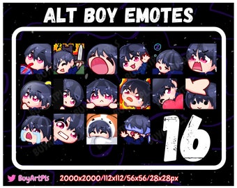 16 BOY EMOTES! (schwarz) -Pack für Twitch, Abonnenten, Discord, Cool Emote, Twitch Art für Streamer, natürlich, männlich, Chibi, Goth Kerl