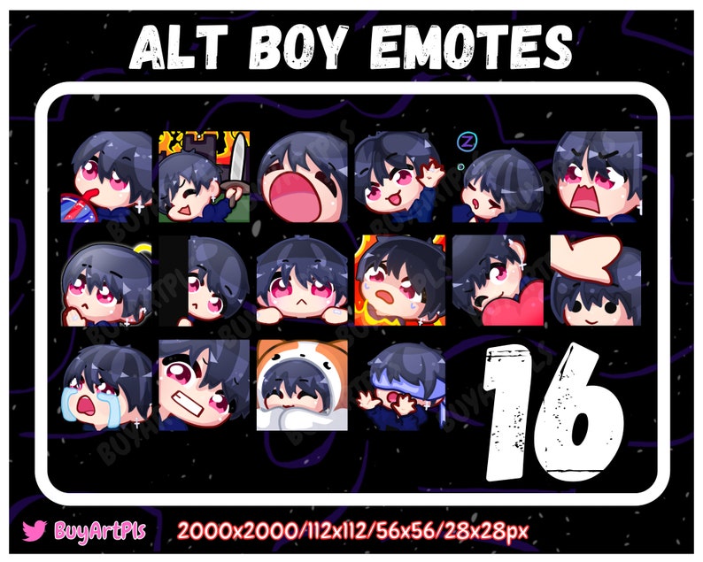 16 Alt BOY EMOTES! (black) -pack for Twitch, Subscriber, Discord, Cool ...