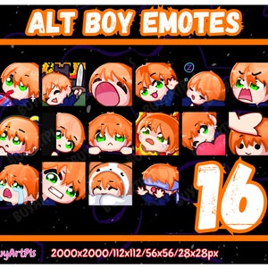 16 Alt BOY EMOTES! (orange) -Pack For Twitch, Subscriber, Discord, Cool Emote, Twitch Art Streamers, natural, male, Chibi, Goth guy, green