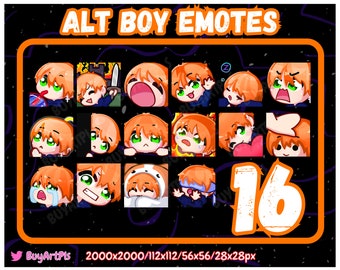 16 BOY EMOTES! (orange) -Pack für Twitch, Abonnenten, Discord, Cool Emote, Twitch Art Streamer, natürlich, männlich, Chibi, Goth Kerl, grün