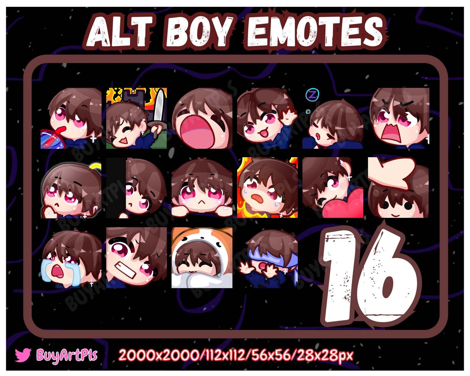16 Alt BOY EMOTES! (brunet) -pack for Twitch, Subscriber, Discord, Cool ...
