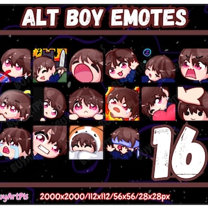 16 BOY EMOTES! (brunet) -Pack für Twitch, Abonnenten, Discord, Cool Emote, Twitch Art für Streamer, natürlich, männlich, Chibi, Goth Kerl