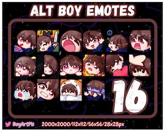 16 BOY EMOTES! (brunet) -Pack für Twitch, Abonnenten, Discord, Cool Emote, Twitch Art für Streamer, natürlich, männlich, Chibi, Goth Kerl