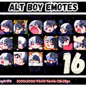 May include: A set of 16 animated emotes featuring a cartoon character with black and white hair. The character is shown in various poses and expressions, including smiling, frowning, and surprised. The emotes are designed in a colourful and playful style.