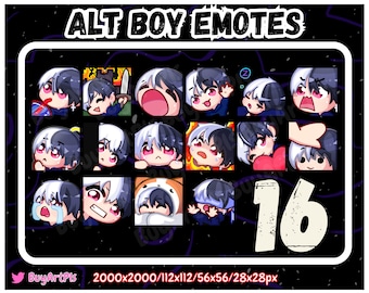 16 ALT BOY EMOTES! (weiß / schwarz) -Pack für Twitch, Abonnenten, Discord, Cool Emote, Twitch Art für Streamer, Haare spalten, chibi, Goth