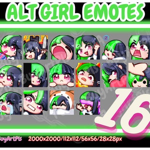 16 Alt GIRL EMOTES! (green/black) -Pack For Twitch, Subscriber, Discord, Cool Emote, Twitch Art For Streamers, Split Dye, Chibi, Goth