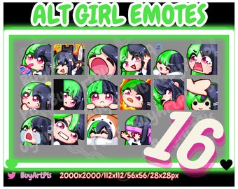 16 GIRL EMOTES! (grün / schwarz) -Pack für Twitch, Abonnenten, Discord, Cool Emote, Twitch Art für Streamer, Split Dye, Chibi, Goth