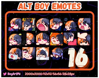 16 BOY EMOTES! (orange / schwarz) -Pack für Twitch, Abonnenten, Discord, Cool Emote, Twitch Art für Streamer, Split Dye, Chibi, Goth