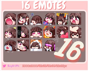16 ALT GIRL EMOTES!- Für Twitch, Abonnenten, Discord, Süßes Emote, Twitch Art Für Streamer, braune Haare, Chibi, braune / rote Augen, Pony, rot