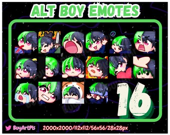 16 BOY EMOTES! (grün / schwarz) -Pack für Twitch, Abonnenten, Discord, Cool Emote, Twitch Art für Streamer, Split Dye, Chibi, Goth