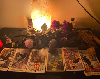 May include: A row of six tarot cards featuring crow imagery, including The Chariot, Page of Swords, The Empress, Five of Pentacles, Ace of Cups, and Page of Pentacles. The cards are arranged on a dark surface with dried roses, crystals, and a glowing lamp.