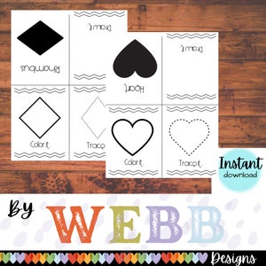Peut inclure: Une feuille de travail imprimable pour les enfants afin de s'entraîner à tracer et à colorier des formes. La feuille de travail comprend un cœur, un diamant et une pique. Les mots "Colorie-le", "Trace", "Dessine-le", "Cœur", "Diamant" et "Rhombe" sont inclus sur la feuille de travail.