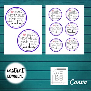 Peut inclure: Etiquettes de cadeau imprimables pour la fête des enseignants avec le texte "Ce sera une année REMARQUABLE avec vous comme mon professeur". Les étiquettes sont rondes et ont une bordure violette avec un cœur rose en haut à gauche. Le texte "téléchargement instantané" est également visible sur l'image.