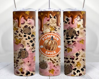 May include: Three stainless steel tumblers with lids and straws. The tumblers are decorated with a pink and brown leopard print, gold leaves, and a pumpkin spice design. The tumblers are perfect for fall.