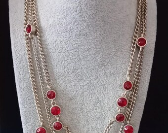 Vintage Chicos red rhinestone triple strand necklace
