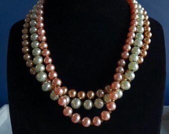 Vintage Pink Green and Golden Bronze Pearl Triple Strand Necklace