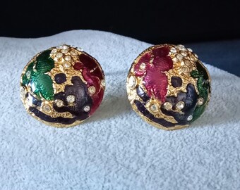 Vintage enamel, rhinestone and gold tone clip on earrings - red, green and blue