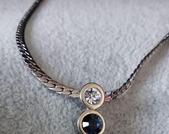 Vintage silver tone herring bone necklace with blue and clear glass stones