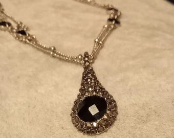 Vintage silver tone, marcasite and black stone double strand pendant necklace