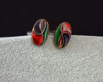 Vintage oval blue, green and red patterned cufflinks