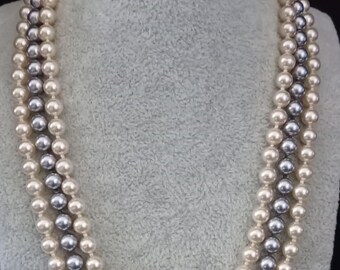 Vintage Grey Cream and Champagne Faux Pearl Triple Strand Necklace