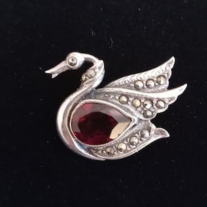 Sterling silver, marcasite and garnet Swan brooch