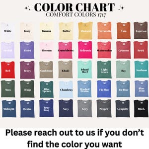 May include: A Comfort Colors 1717 color chart displaying forty-eight folded t-shirts in various shades, including white, yellow, pink, red, green, blue, and black. Each shirt is labeled with its specific color name in black or white text.
