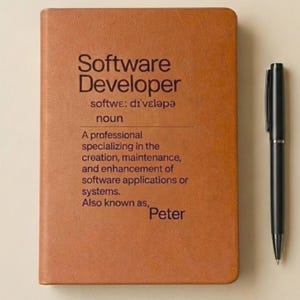 Peut inclure: Un carnet en cuir marron avec les mots "Software Developer" imprimés sur la couverture, ainsi qu'une définition. Un stylo noir est posé à côté du carnet. Le texte inclut le nom "Peter".