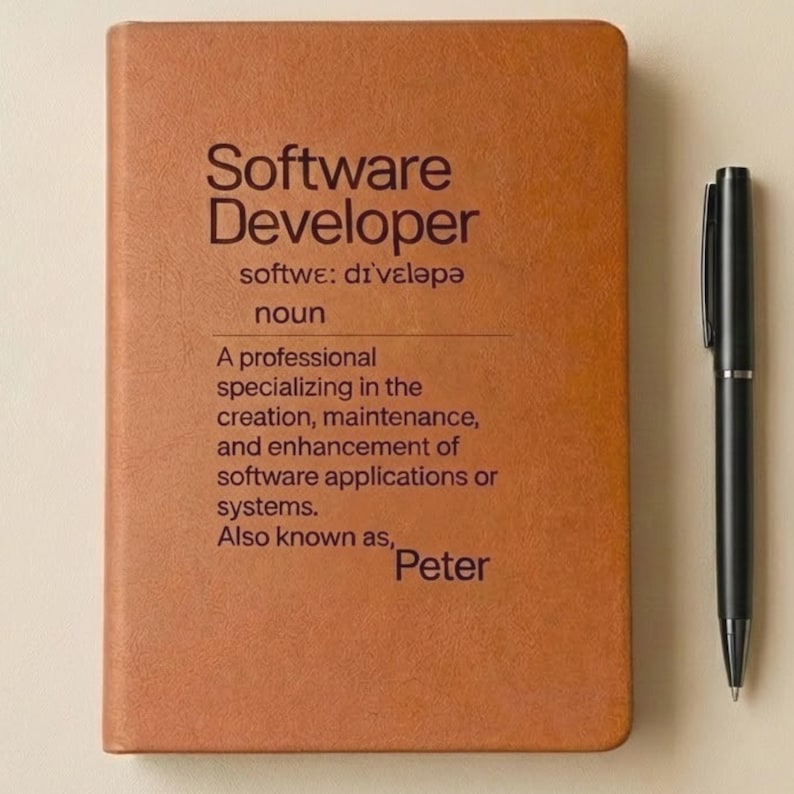 May include: A brown leather notebook with the words "Software Developer" printed on the cover, and a definition. A black pen is placed beside the notebook. The text includes the name "Peter".